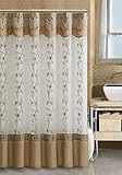 Two-Layered Embroidered Fabric Shower Curtain with Attached Valance (Off White and Gold)