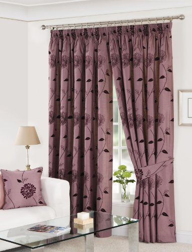 Creative Interiors Carnation Lined Faux Silk Floral Flock Ready Made Curtains 67" x 72" (170cm x 183cm) in Aubergine / Damson with a Pencil Pleat Tape Top