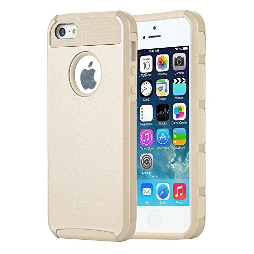iPhone 5 Case, iPhone 5s Case,, MTRONXTM Shockproof Heavy Duty Durable Hybrid Hard Soft TPU Armor Defender Case Cover Bumper For Apple iPhone 5, iPhone 5s, iPhone SE - Gold/Gold(HC-GDGD)
