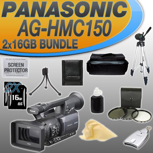 Panasonic Pro AG-HMC150 3CCD AVCHD 24fps Camcorder with Two 16GB SDHC Memory Cards (DOUBLE MEMORY KIT!!!) + 3 Piece Filter Kit + USB Card Reader + Memory Card Wallet + Deluxe Case w/Strap + Full Size Tripod + Accessory Saver Bundle! 