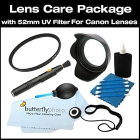 Vivitar 52mm UV Filter and Lens Hood + Care Package For Canon 135mm f2.8, 35mm f2.0 and other lenses with 52mm filter size