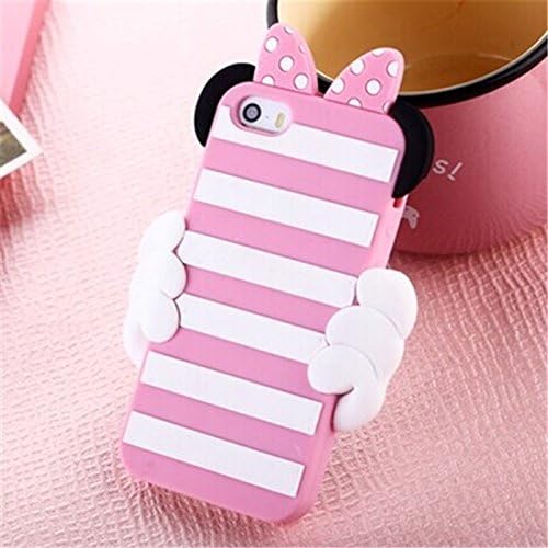 Topit® Cute Cartoon Stripe Minnie Mouse Hide and Seek 3D Ear Designed Soft Silicon Protective Back Cases Covers for Apple Iphone 5 5g 5s + 1 Pcs Wristband (Pink)
