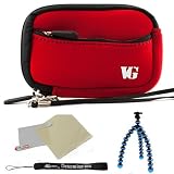 Red - Black Trim Slim Protective Soft Neoprene Cover Carrying Case Sleeve with Extra Pocket for Canon Power-Shot A490 A495 A800 A1200 A2200 A3000 IS A3100 IS A3300 IS D10 ELPH 100 HS ELPH 300 HS ELPH 310 HS Powershot Point and Shoot Digital Camera + Includes Grey 6 Inch Mini Flexi Tripod + Includes a anti glare screen protector, will protect from any small scratches and dirt