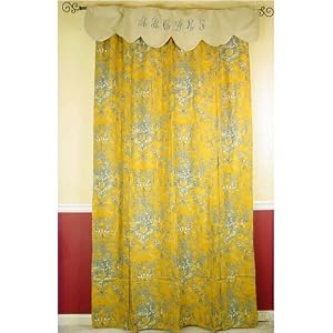 French Mustard Yellow Gray Toile Alphabet Figural Blind or Curtain with Embroidered Scalloped Valance
