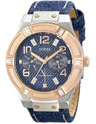 GUESS Womens U0289L1 Iconic Blue Denim Multi-Function Watch with Genuine Leather Backed Strap, a Hint of Genuine Crytsal Accents & Silver & Rose Gold-Tone Case