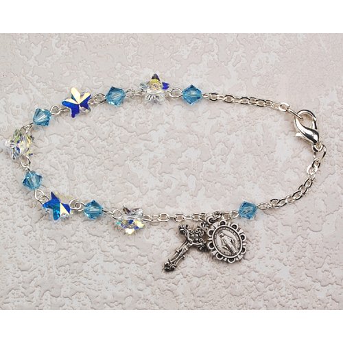 Sterling Silver Aqua Swarovski Bracelet Catholic Charms Pendant Jewelry Religious