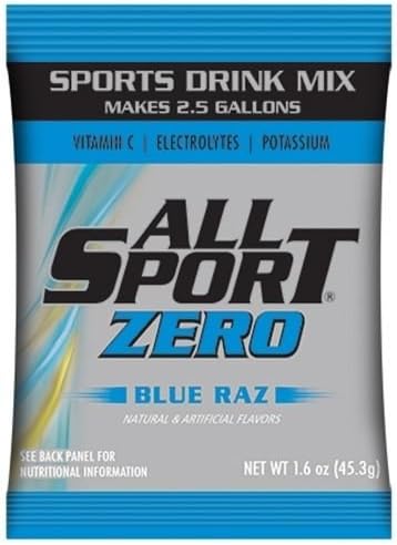 All Sport Zero Powder Packs, No Sugar, Added Potassium and Vitamin C, Zero Calories, 2.5 Gallon Yield/Pack, Set of 6 Packs, Blue Raz
