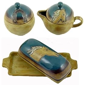 MARA Stoneware CREAMER SUGAR BOWL And BUTTER DISH Horse COUNTRY Design SET by CollectibleXchange