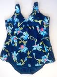 Plus Size Skirt-Front 1PC Swimsuit in Navy Foil Floral. Sizes 1X - 2X - 3X