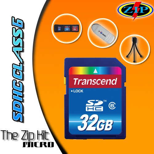 TheZipKit IV for Transcend 32GB Class 6 SDHC Card (TS32GSDHC6) Includes: 32GB Flash Card, SD/SDHC/MMC Flash Card Reader/Writer, Mini Bendable Tripod and our 3-Fold Memory Card Wallet.