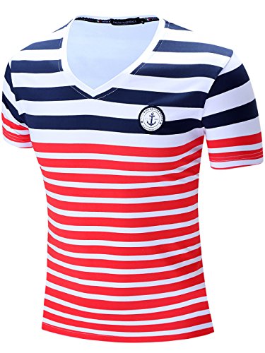 Neleus Men's Striped Cotton V-Neck T-Shirt