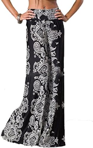 Multi Color Modern Print Fold Over Waist Wide Leg Womens Palazzo Pants (Medium, Black White Paisley)
