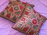 Review NovaHaat.com  / 2 INDIAN MIRROR EMBROIDERY THROW PILLOWS CUSHION COVERS