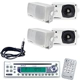 Pyle Marine Radio Receiver, Speaker and Cable Package - PLCD9MR AM/FM-MPX In-Dash Marine CD Player w/Full Face Detachable Panel - 2x PLMR24 2 Pairs of 3.5 200 Watt 3-Way Water Proof Mini Box Speaker System (White) - PLMRNT1 22" Weather Resistant Radio AM/FM Marine Wire Antenna