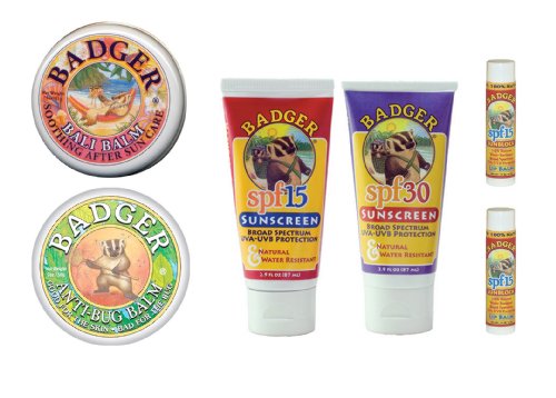 Badger Balm Sunblock Summer Pack, 6 items (1 SPF 30 Lotion, 1 SPF 15 Lotion, 2 SPF 15 LipBalm, 1 2oz Anti-Bug Balm, 1 2oz Bali Balm)