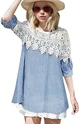 Plus Size Sexy Denim Pleated Lace Round Neck Cocktail Above the Knee Floral Print Club Dress/Evening Dress/Party Dress 