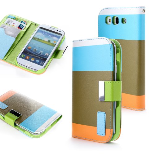 ATC Wallet PU Leather Case Card Holder Flip Case Cover for Samsung i9300 Galaxy S3 III - Blue+Brown+Orange