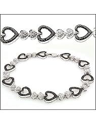 0.15 Ct Sterling Silver Genuine Diamond Heart Shape B&W Tennis Bracelet 7 Inch