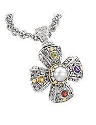 925 Silver, Freshwater Pearl & Multi-Stone Cross Pendant with 18k Gold Accents