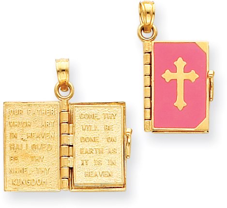 Lord'S Prayer Opens Pink Enamel Charm, 14K Yellow Gold