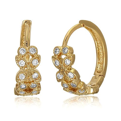 Valentine Day 14K Gold Vermeil Cubic Zirconia CZ Floral Design Hoop Huggie Earrings