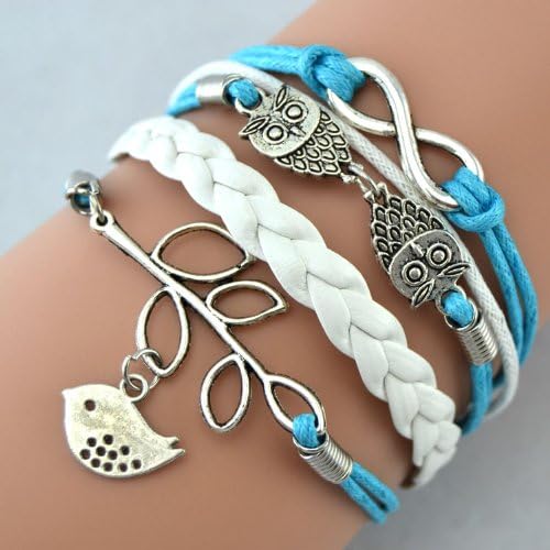 HotVally Vintage Silver Infinite Bracelet Owl Olive Branch Dove Leather Rope Bangle