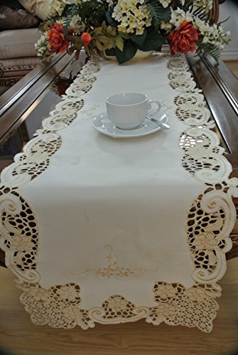 Tasleffa Elegant Embroidered and Cutwork Linens Table Runner. 16"x 72" Rectangular. Beige.satin