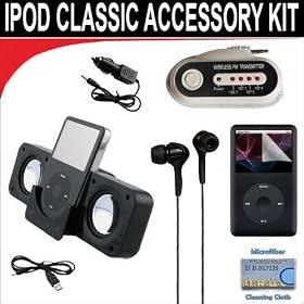 7 pc. Accessory kit for iPod Classic 70/120/160GB. Includes Black portable stereo speaker w/cable Car FM Transmitter w/power cable Black Mini soft Earbuds Reusable Pre-Cut Screen Protector and a DBROTH Microfiber Cleaning Cloth