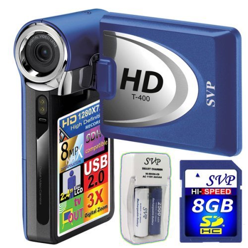 SVP T400-Blue 1280x720p True HD Camcorder with 2.4 LCD (SVP 8GB SDHC Memory Card & AA Rechargeable Set Included)