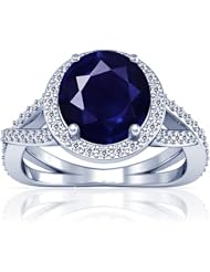 18K White Gold Round Cut Blue Sapphire Ring With Sidestones