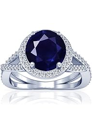 14K White Gold Round Cut Blue Sapphire Ring With Sidestones