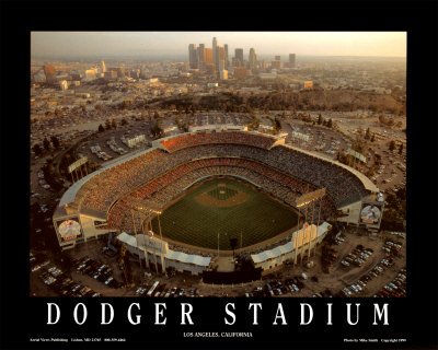 Dodger Stadium - LA Skyline at Dusk Art Poster Print by Mike Smith, 10x8