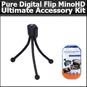 Ultimate Accessory Kit For Pure Digital Flip Video Camera MinoHD Camcorder 3rd Generation M3160S, M31120B NEWEST MODEL Includes Mini Tripod + Clear LCD Screen Protectors