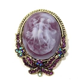 Purple Violet Color Austrian Rhinestone Colored Dancing Lady Maiden Cameo Antique Brass-Tone Brooch Pin