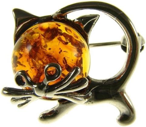 Cozmos BroochesBALTIC AMBER AND STERLING SILVER 925 DESIGNER COGNAC CAT KITTEN ANIMAL BROOCH PIN JEWELLERY JEWELRY