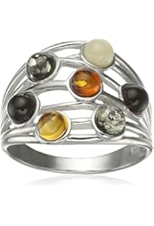 Rhodium Plated Sterling Silver Multicolor Amber Highway Ring, Size 7