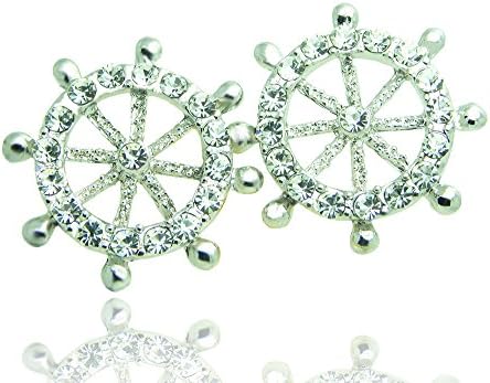 Halei Premium Grade Silver Plated White Crystal Diamond Shipwheel Shaped Stud Earrings.