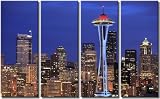 Framed Huge 4 Panel Seattle Skyline Giclee Canvas Print