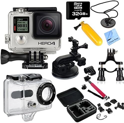Go Pro Hero 4 Black Edition Action Sports + Water Sports Bundle, with 32GB SD Memory Card, Camera Tether, Floaty Bobber, Medium Case, Helmet Mount, Bike Handle Bar Mount, Suction Cup Mount, Monopole, Waterproof Housing, and CS Microfiber Cloth
