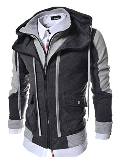 TheLees (LCJ11) Mens Casual Slim Fit Hood Cotton Jacket Charcoal US S(Tag size L)