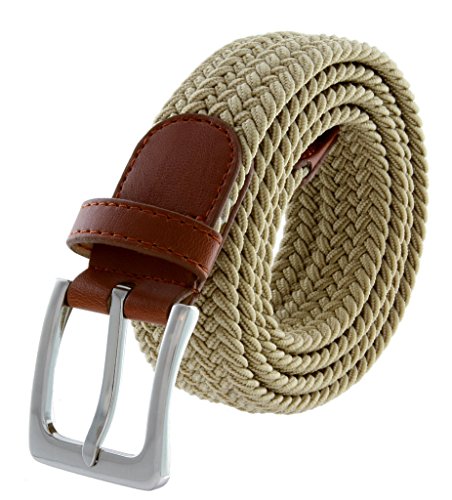 Womens Braided Elastic Fabric Woven Stretch Belt Leather Inlay Multi-Color Options