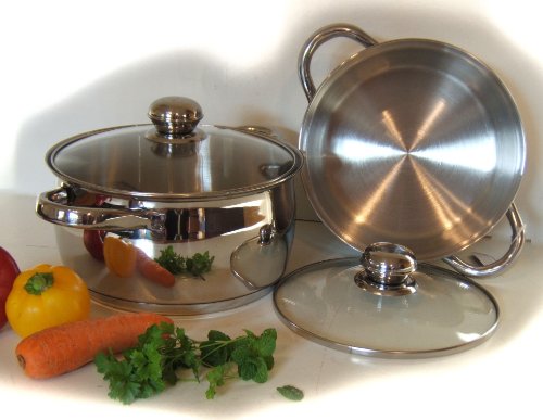 STAINLESS STEEL TWO PIECE THICK ENCAPSULATED BASED SAUCEPAN CASSEROLE SET WITH GLASS LIDS