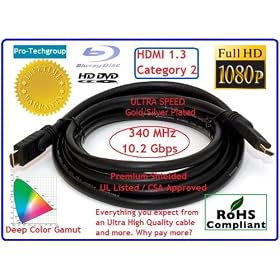 Pro-Techgroup 25ft Ultra-Speed HDMI 1.3 Cable with Gold Plated Connectors and Silver-plated wires that provides purer signal which produces exceptional quality - HDMI 1.3 and Category 2 Certified, CL2 rated, thick 22AWG