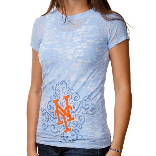 New York Mets Ladies Scroll Burnout Premium Crew T-shirt - Light Blue (Small)