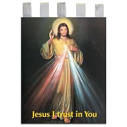 Church Banner - Divine Mercy "Jesus I trust in You" - Cotton Canvas with Archival Inks and UV Coating - Border Rings for Rod Hanging. Print Size 24"x36"
