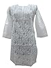 Womans Indian Kurta Caftan White Tunic Hand Embroidered Cotton Kurti Coverup L