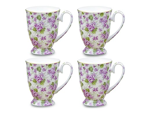 Gracie Bone China 9-Ounce Footed Mug, Purple Violet Chintz, Set of 4