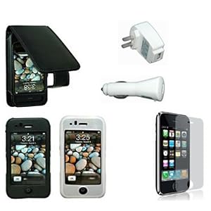 Premium Essential Accessories Bundle for iPhone 3G/ iPhone 3GS: Black Leather Case + Black Silicon Skin Case + Clear Silicon Skin Case + Travel Ac Home Charger + Auto Dc Car Charger + Transparent Screen Protector