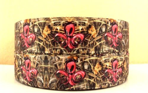 5 yards 1" Brown Real Tree Mossy Oak Pink Fleur De Lis Grosgrain Ribbon