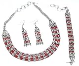 Coral Gemstone Necklace Bracelet and Earrings with Beads in Sterling Silver